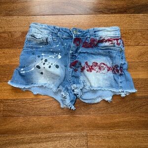 Wallflower Blue Denim Shorts with Red and White Paint Splatter